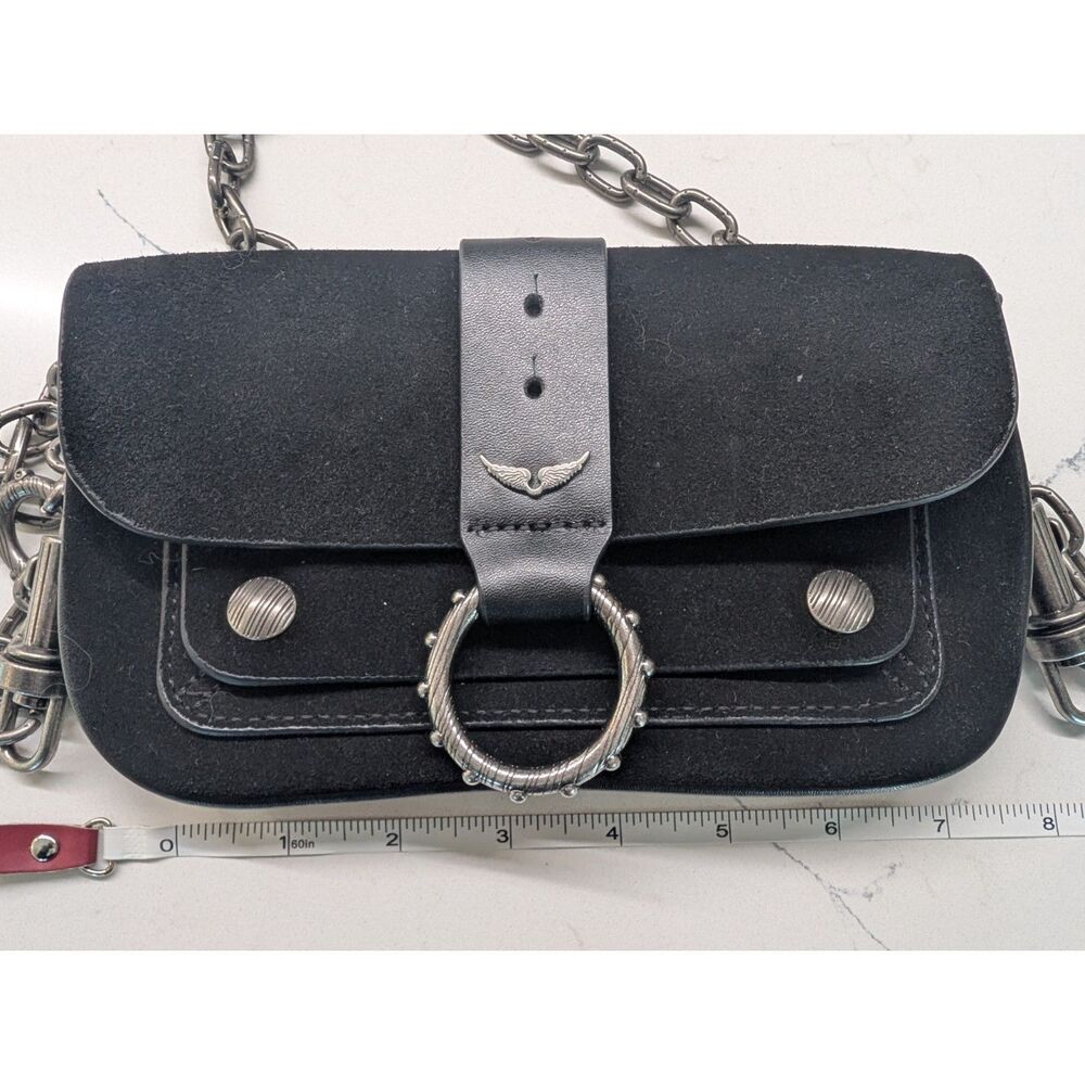 Black Suede Crossbody Bag Ring Accent Chain Strap